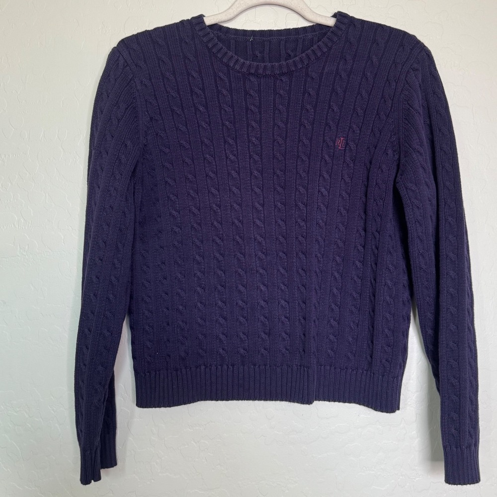 Ralph Lauren Womens Cotton Sweater S Purple Cable Knit Pullover Preppy Old Money